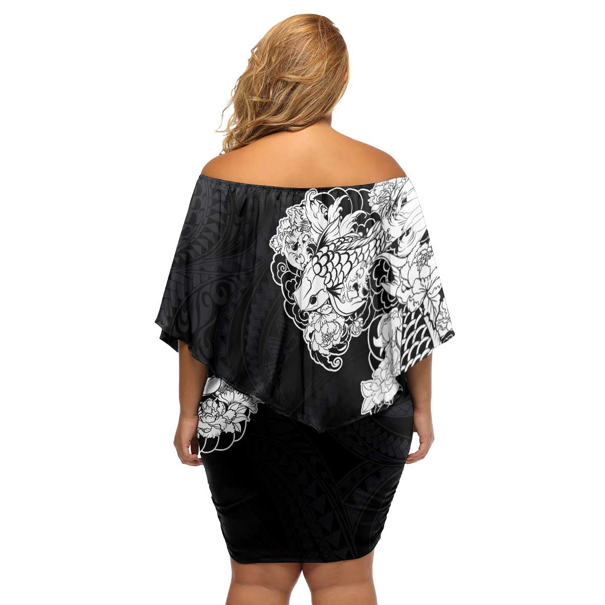 Hawaiian and Japanese Together Family Matching Off Shoulder Short Dress and Hawaiian Shirt Japanese Koi Fish Tattoo and Kakau Pattern Black Color LT03 - Polynesian Pride