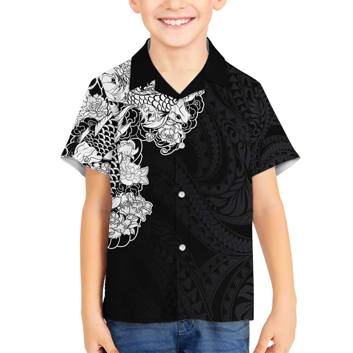 Hawaiian and Japanese Together Family Matching Off Shoulder Short Dress and Hawaiian Shirt Japanese Koi Fish Tattoo and Kakau Pattern Black Color LT03 Son's Shirt Black - Polynesian Pride