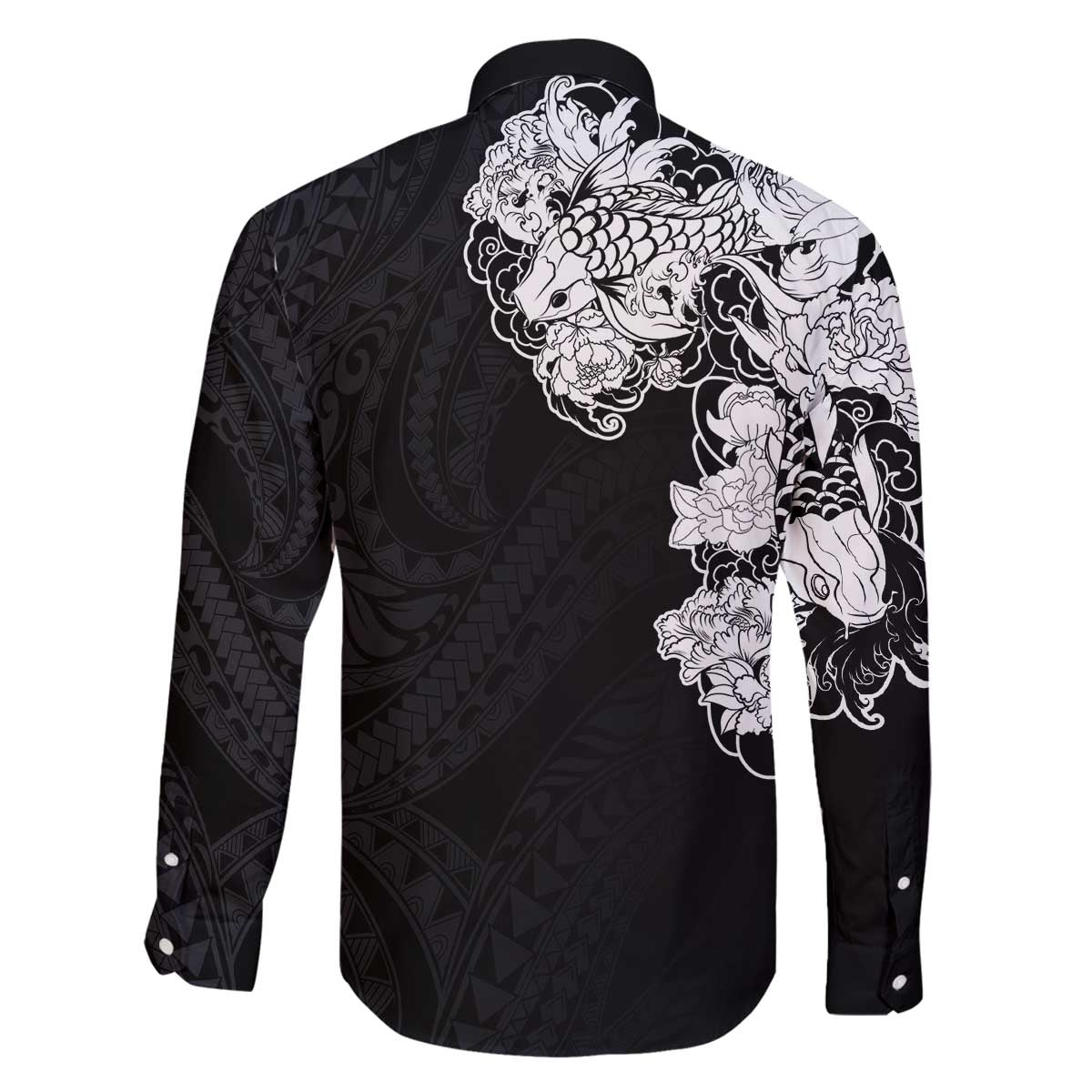 Hawaiian and Japanese Together Family Matching Puletasi and Hawaiian Shirt Japanese Koi Fish Tattoo and Kakau Pattern Black Color LT03 - Polynesian Pride