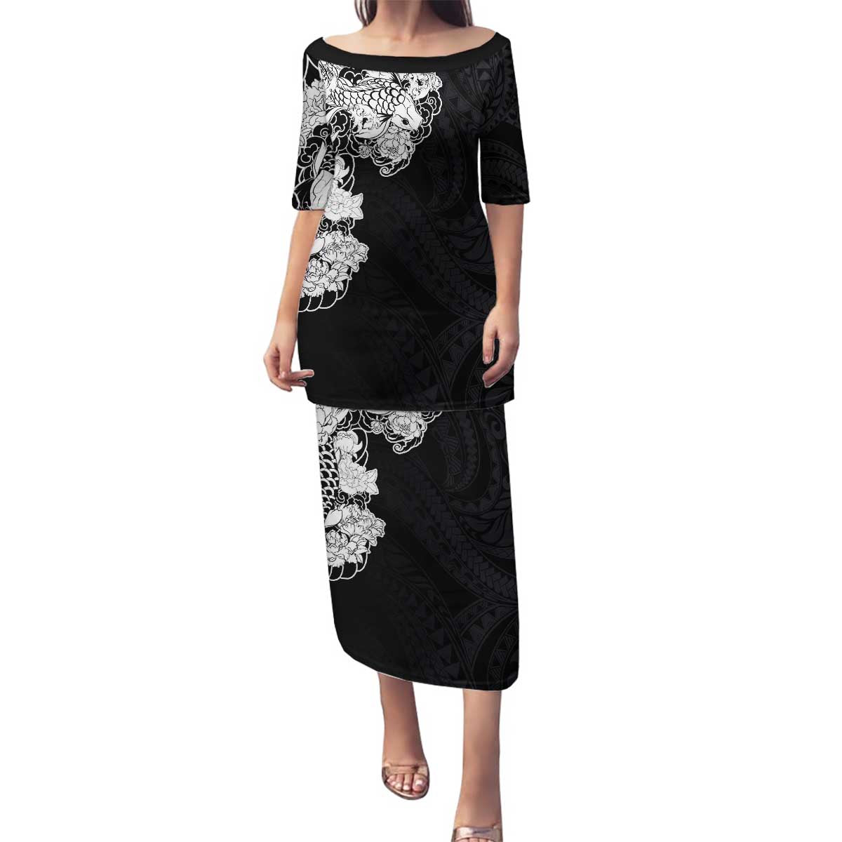 Hawaiian and Japanese Together Family Matching Puletasi and Hawaiian Shirt Japanese Koi Fish Tattoo and Kakau Pattern Black Color LT03 Mom's Dress Black - Polynesian Pride