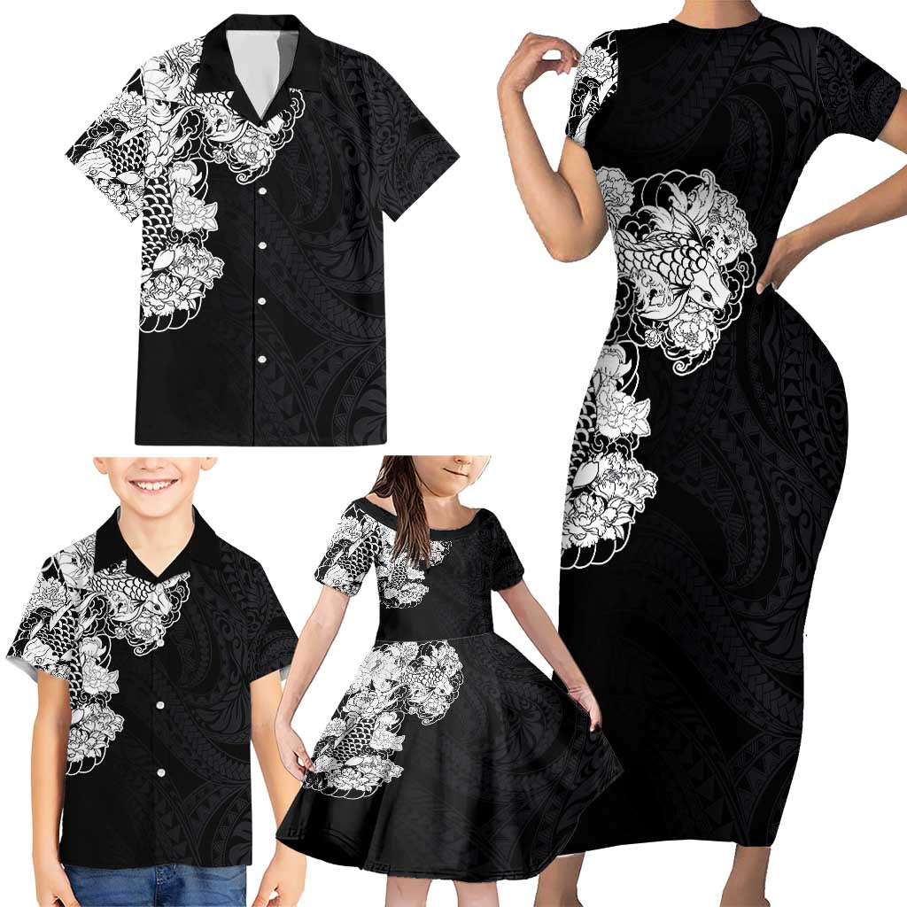 Hawaiian and Japanese Together Family Matching Short Sleeve Bodycon Dress and Hawaiian Shirt Japanese Koi Fish Tattoo and Kakau Pattern Black Color LT03 - Polynesian Pride