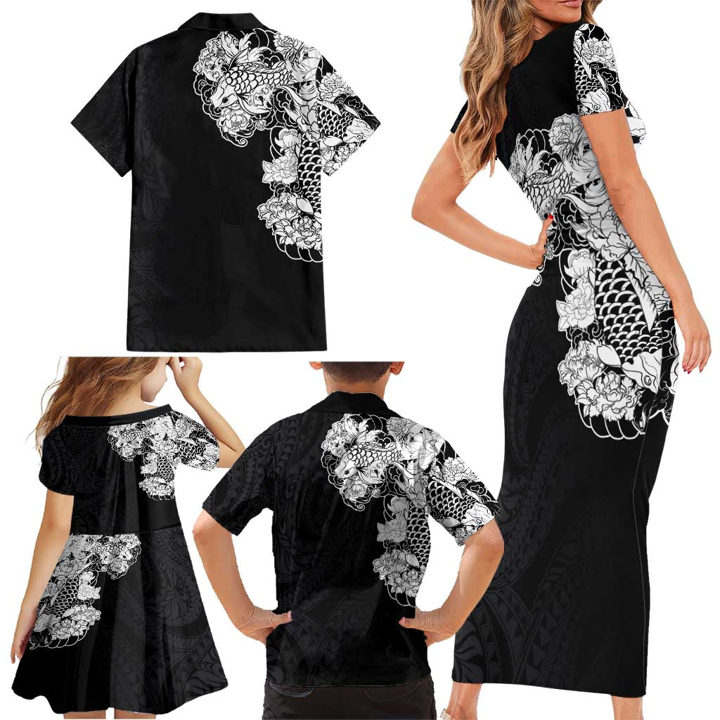 Hawaiian and Japanese Together Family Matching Short Sleeve Bodycon Dress and Hawaiian Shirt Japanese Koi Fish Tattoo and Kakau Pattern Black Color LT03 - Polynesian Pride