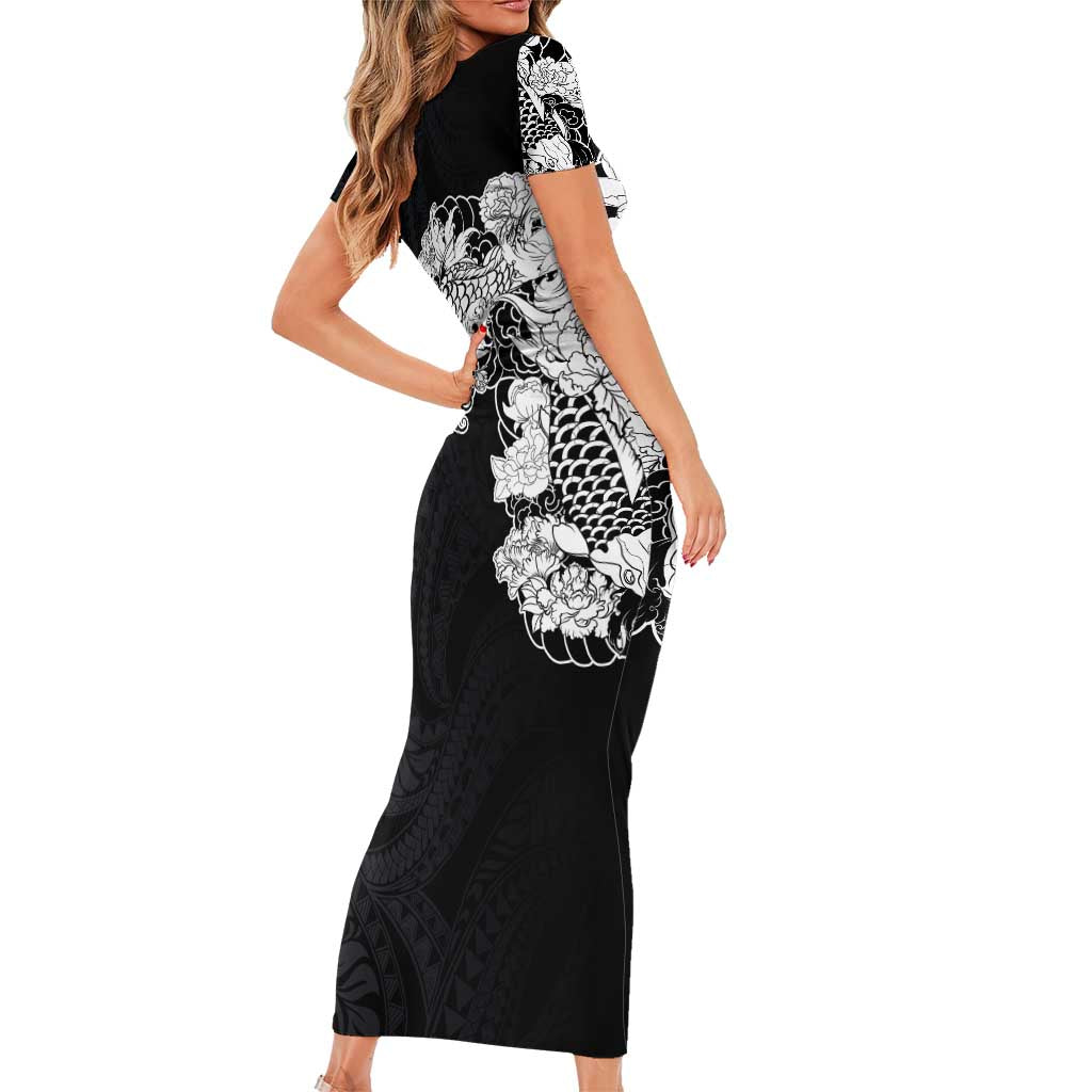 Hawaiian and Japanese Together Family Matching Short Sleeve Bodycon Dress and Hawaiian Shirt Japanese Koi Fish Tattoo and Kakau Pattern Black Color LT03 - Polynesian Pride
