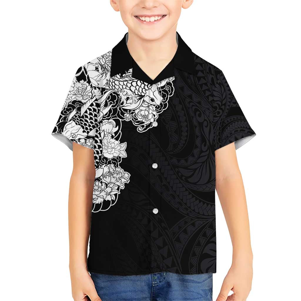 Hawaiian and Japanese Together Family Matching Short Sleeve Bodycon Dress and Hawaiian Shirt Japanese Koi Fish Tattoo and Kakau Pattern Black Color LT03 Son's Shirt Black - Polynesian Pride