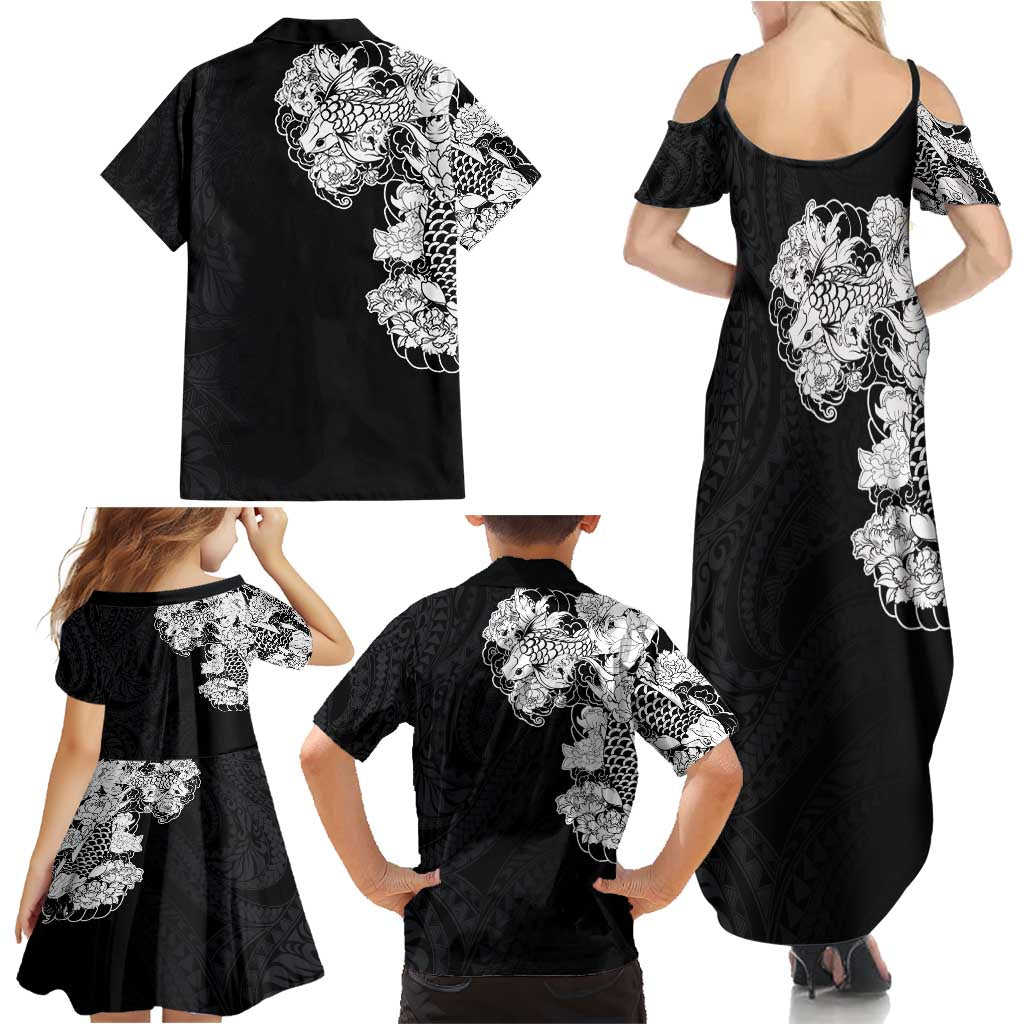 Hawaiian and Japanese Together Family Matching Summer Maxi Dress and Hawaiian Shirt Japanese Koi Fish Tattoo and Kakau Pattern Black Color LT03 - Polynesian Pride