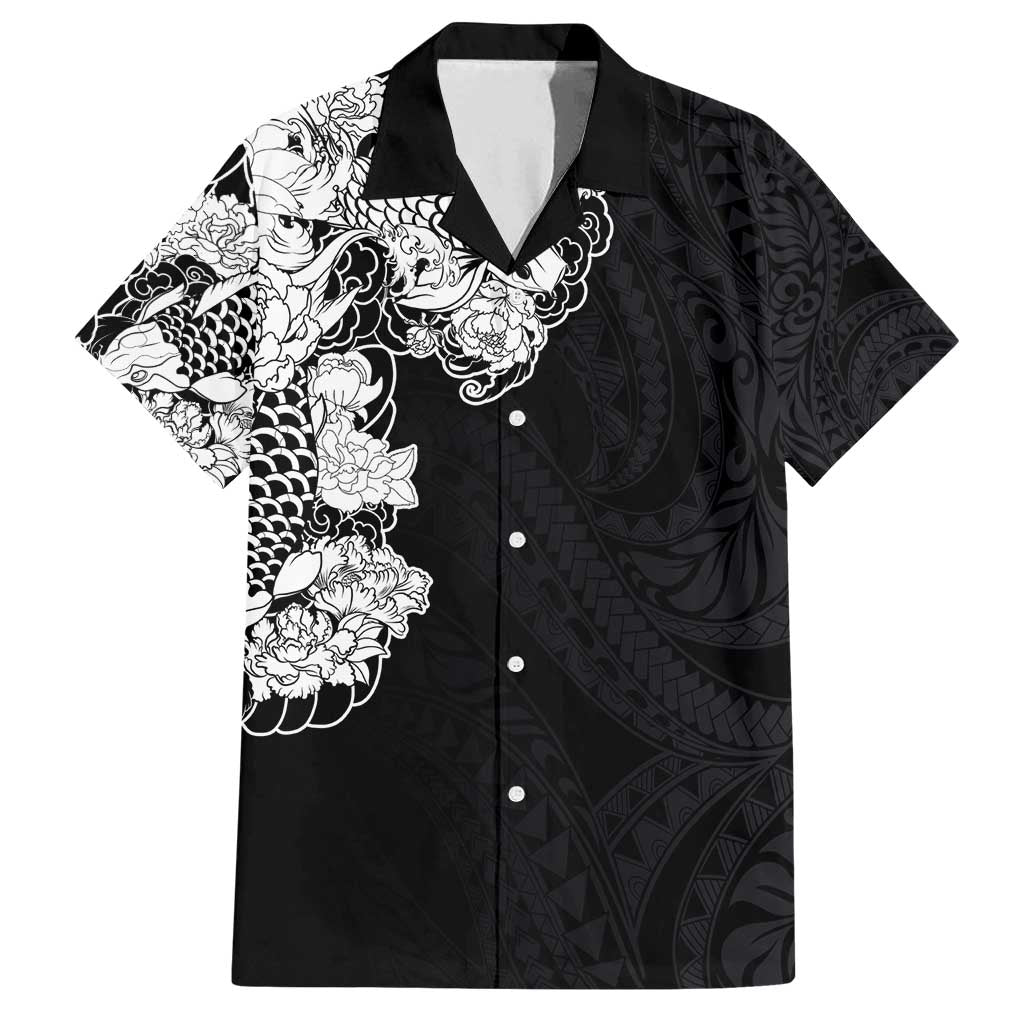 Hawaiian and Japanese Together Family Matching Summer Maxi Dress and Hawaiian Shirt Japanese Koi Fish Tattoo and Kakau Pattern Black Color LT03 Dad's Shirt - Short Sleeve Black - Polynesian Pride