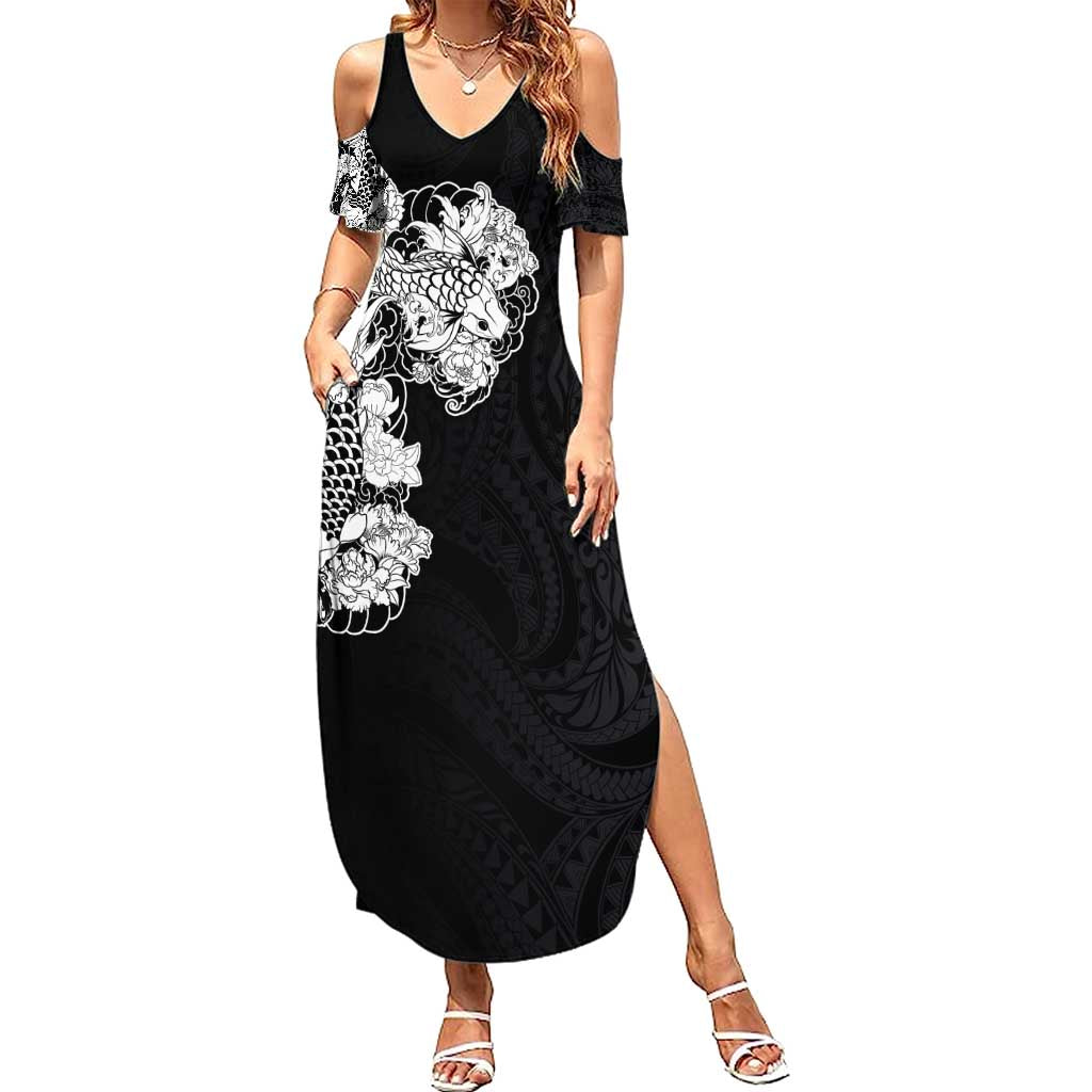 Hawaiian and Japanese Together Family Matching Summer Maxi Dress and Hawaiian Shirt Japanese Koi Fish Tattoo and Kakau Pattern Black Color LT03 Mom's Dress Black - Polynesian Pride