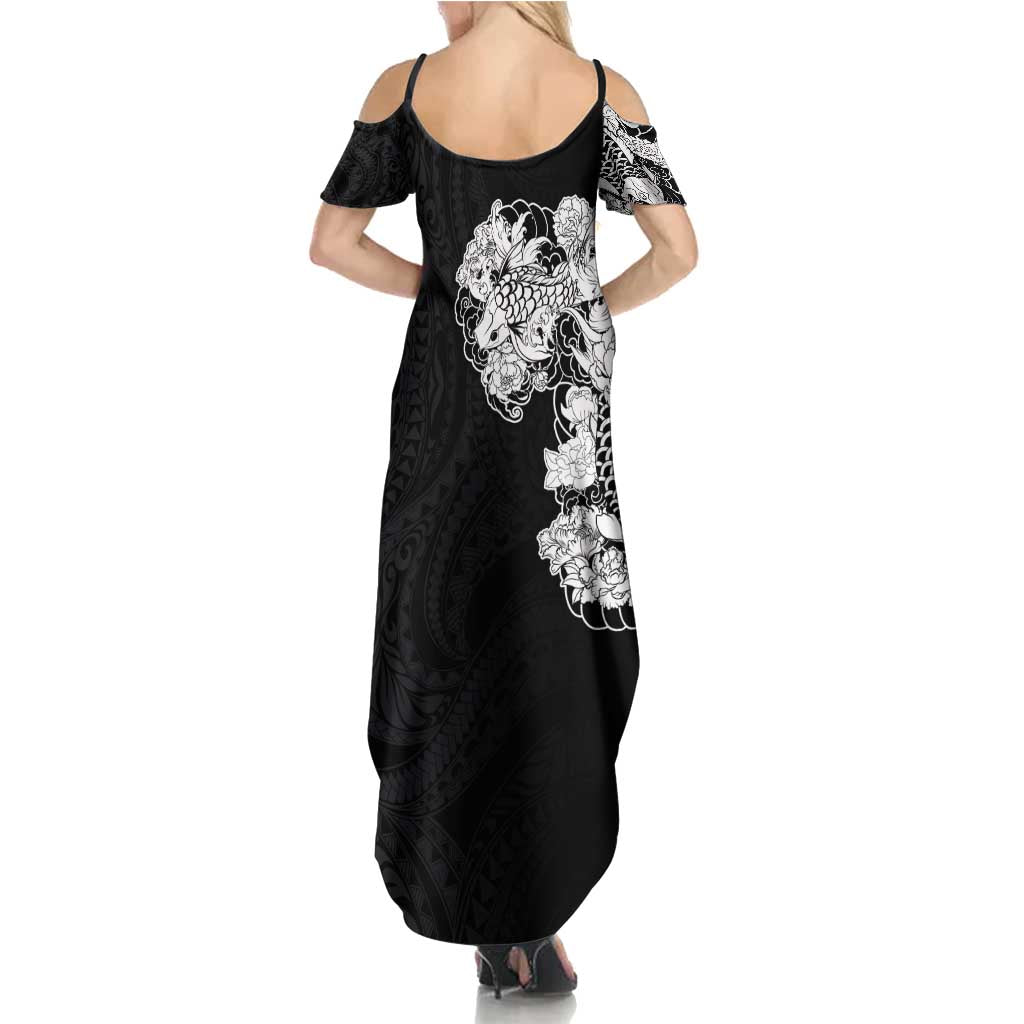 Hawaiian and Japanese Together Family Matching Summer Maxi Dress and Hawaiian Shirt Japanese Koi Fish Tattoo and Kakau Pattern Black Color LT03 - Polynesian Pride