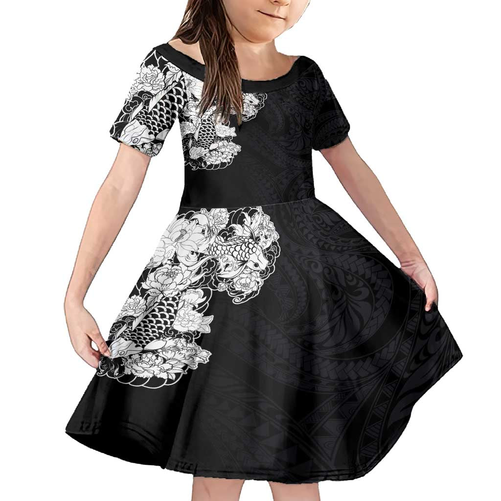 Hawaiian and Japanese Together Family Matching Tank Maxi Dress and Hawaiian Shirt Japanese Koi Fish Tattoo and Kakau Pattern Black Color LT03 Daughter's Dress Black - Polynesian Pride