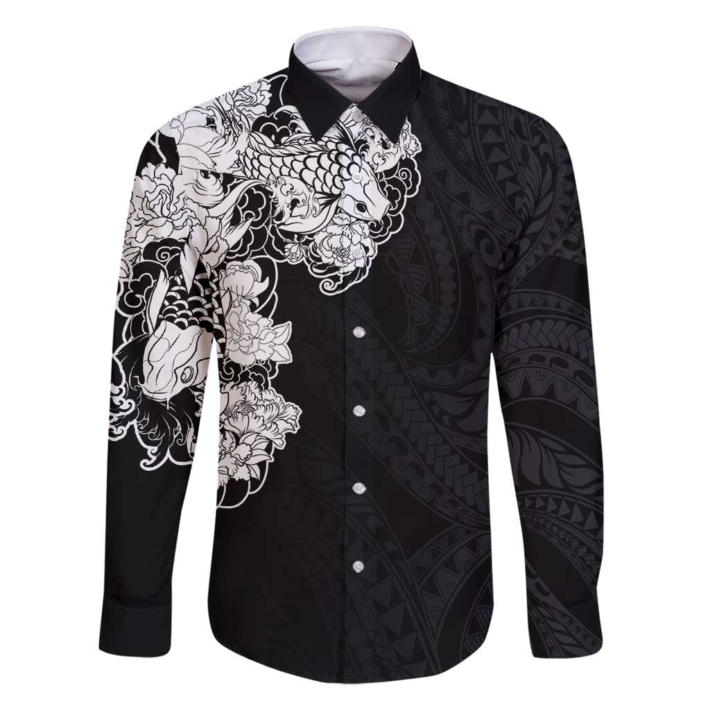 Hawaiian and Japanese Together Family Matching Tank Maxi Dress and Hawaiian Shirt Japanese Koi Fish Tattoo and Kakau Pattern Black Color LT03 Dad's Shirt - Long Sleeve Black - Polynesian Pride