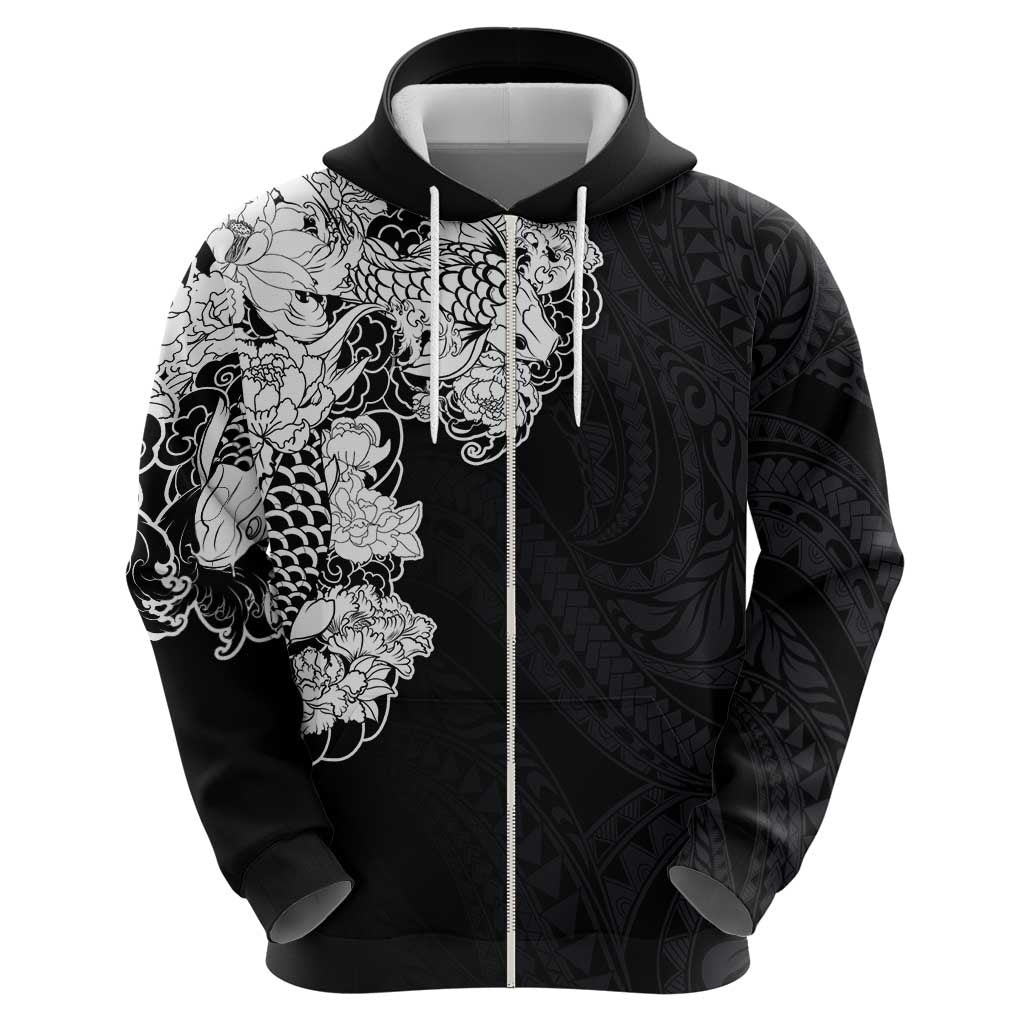 Hawaiian and Japanese Together Hoodie Japanese Koi Fish Tattoo and Kakau Pattern Black Color