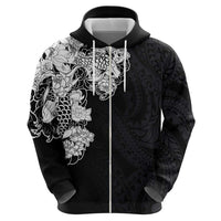 Hawaiian and Japanese Together Hoodie Japanese Koi Fish Tattoo and Kakau Pattern Black Color