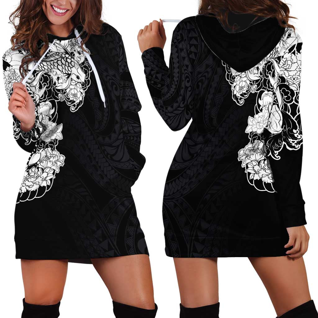 Hawaiian and Japanese Together Hoodie Dress Japanese Koi Fish Tattoo and Kakau Pattern Black Color LT03 - Polynesian Pride