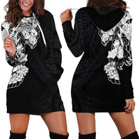 Hawaiian and Japanese Together Hoodie Dress Japanese Koi Fish Tattoo and Kakau Pattern Black Color LT03 - Polynesian Pride