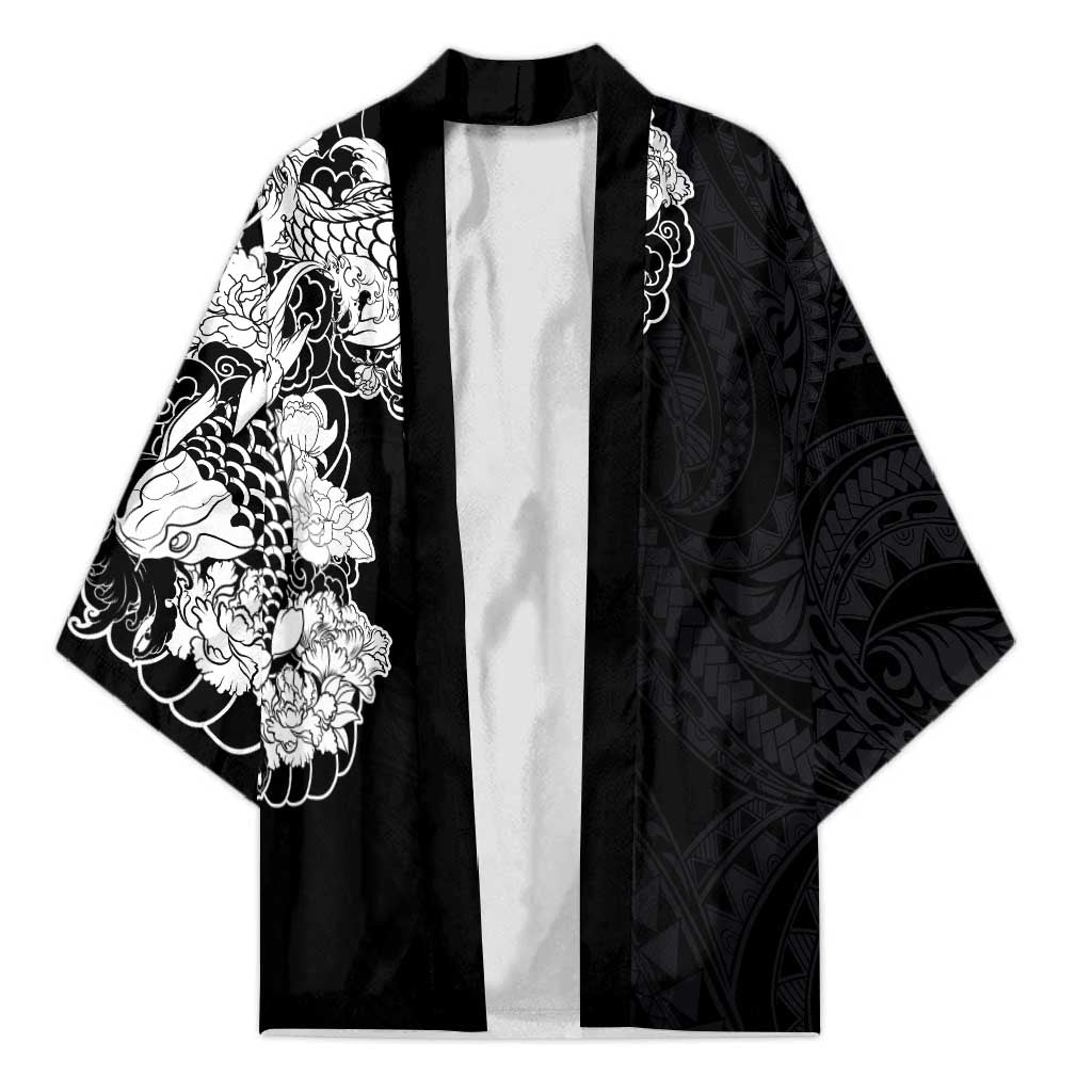 Hawaiian and Japanese Together Kimono Japanese Koi Fish Tattoo and Kakau Pattern Black Color LT03 Unisex Black - Polynesian Pride
