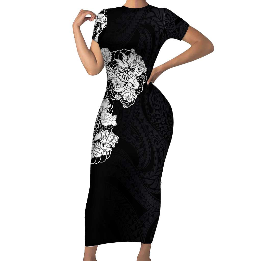 Hawaiian and Japanese Together Short Sleeve Bodycon Dress Japanese Koi Fish Tattoo and Kakau Pattern Black Color LT03 Long Dress Black - Polynesian Pride