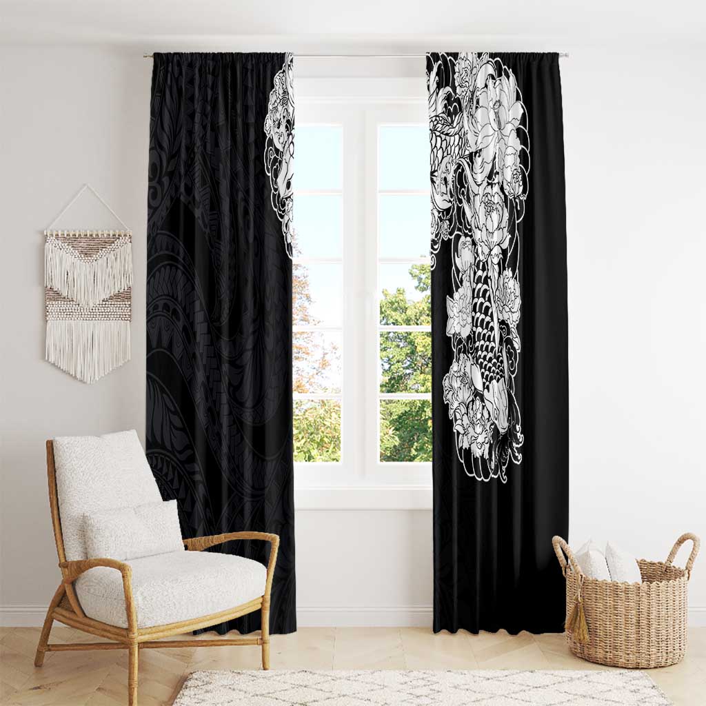 Hawaiian and Japanese Together Window Curtain Japanese Koi Fish Tattoo and Kakau Pattern Black Color LT03 - Polynesian Pride