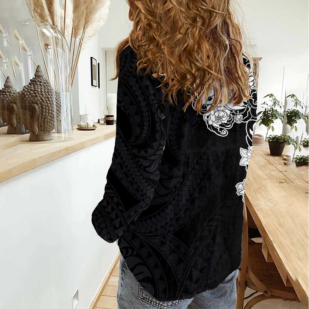 Hawaiian and Japanese Together Women Casual Shirt Japanese Koi Fish Tattoo and Kakau Pattern Black Color LT03 - Polynesian Pride