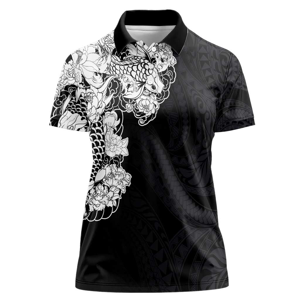 Hawaiian and Japanese Together Women Polo Shirt Japanese Koi Fish Tattoo and Kakau Pattern Black Color LT03 Female Black - Polynesian Pride