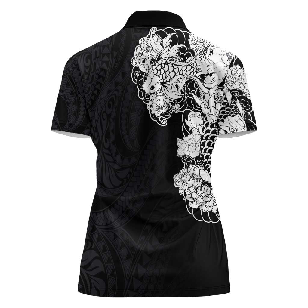 Hawaiian and Japanese Together Women Polo Shirt Japanese Koi Fish Tattoo and Kakau Pattern Black Color LT03 - Polynesian Pride