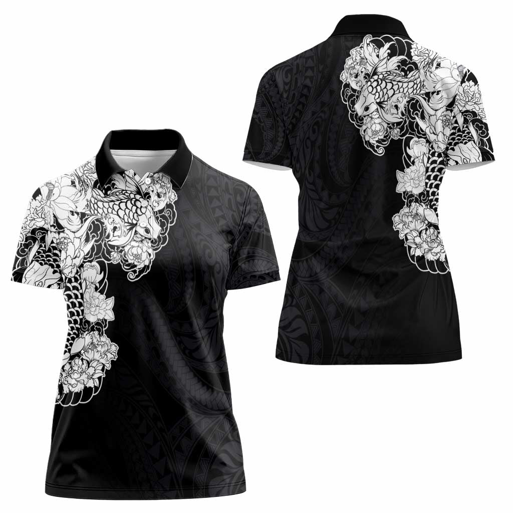 Hawaiian and Japanese Together Women Polo Shirt Japanese Koi Fish Tattoo and Kakau Pattern Black Color LT03 - Polynesian Pride