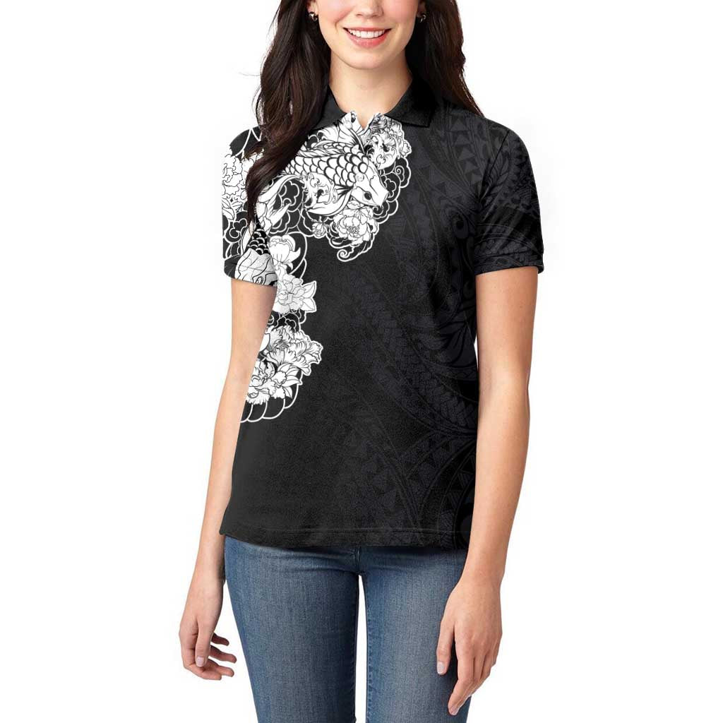 Hawaiian and Japanese Together Women Polo Shirt Japanese Koi Fish Tattoo and Kakau Pattern Black Color LT03 - Polynesian Pride