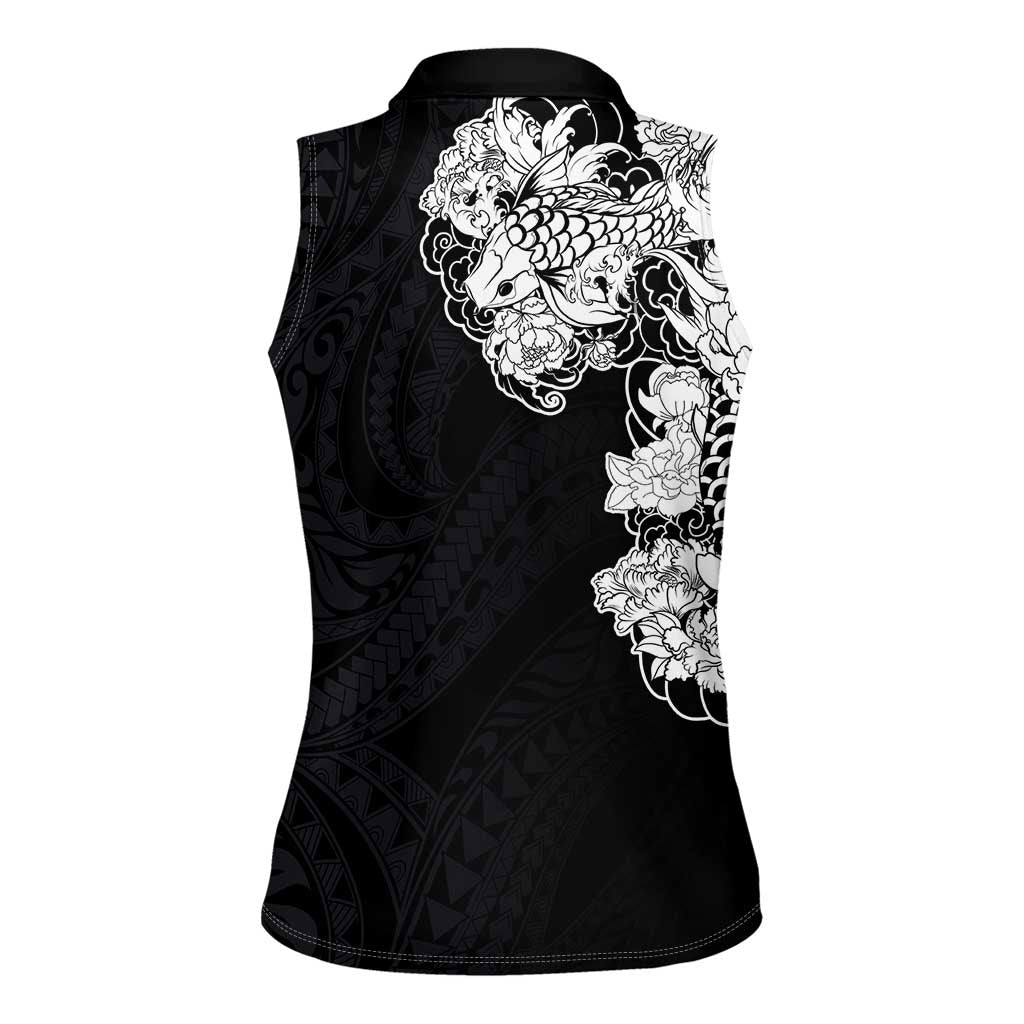 Hawaiian and Japanese Together Women Sleeveless Polo Shirt Japanese Koi Fish Tattoo and Kakau Pattern Black Color LT03 - Polynesian Pride