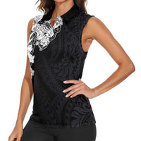 Hawaiian and Japanese Together Women Sleeveless Polo Shirt Japanese Koi Fish Tattoo and Kakau Pattern Black Color LT03 - Polynesian Pride