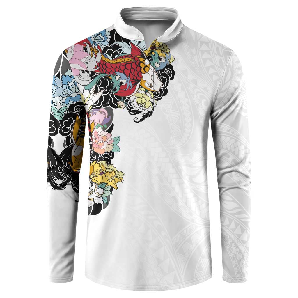 Hawaiian and Japanese Together Button Sweatshirt Colorful Traditional Japanese Tattoo and Kakau Pattern White Color LT03 White - Polynesian Pride