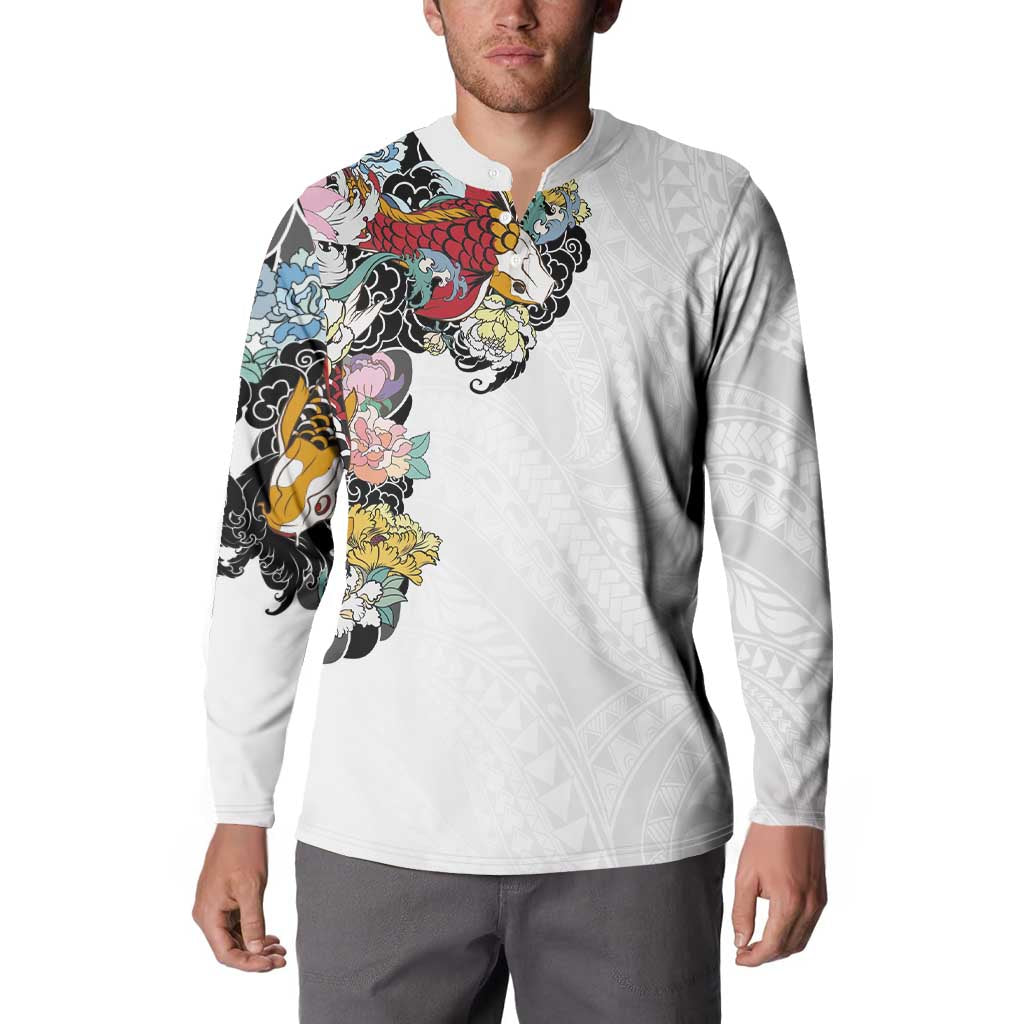 Hawaiian and Japanese Together Button Sweatshirt Colorful Traditional Japanese Tattoo and Kakau Pattern White Color LT03 - Polynesian Pride