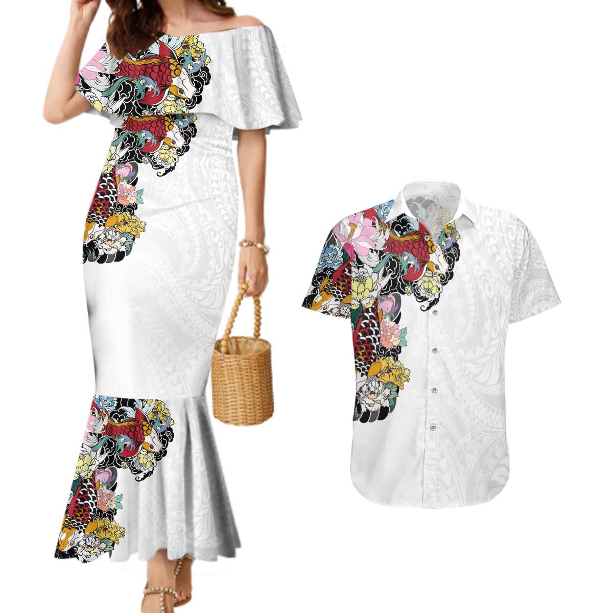 Hawaiian and Japanese Together Couples Matching Mermaid Dress and Hawaiian Shirt Colorful Traditional Japanese Tattoo and Kakau Pattern White Color LT03 White - Polynesian Pride