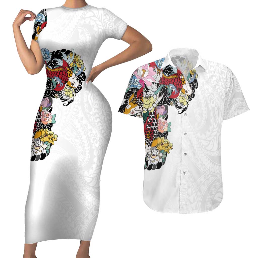 Hawaiian and Japanese Together Couples Matching Short Sleeve Bodycon Dress and Hawaiian Shirt Colorful Traditional Japanese Tattoo and Kakau Pattern White Color LT03 White - Polynesian Pride