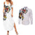 Hawaiian and Japanese Together Couples Matching Summer Maxi Dress and Long Sleeve Button Shirt Colorful Traditional Japanese Tattoo and Kakau Pattern White Color