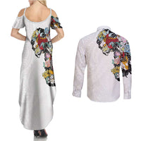 Hawaiian and Japanese Together Couples Matching Summer Maxi Dress and Long Sleeve Button Shirt Colorful Traditional Japanese Tattoo and Kakau Pattern White Color