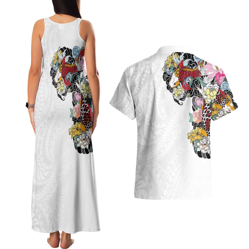 Hawaiian and Japanese Together Couples Matching Tank Maxi Dress and Hawaiian Shirt Colorful Traditional Japanese Tattoo and Kakau Pattern White Color