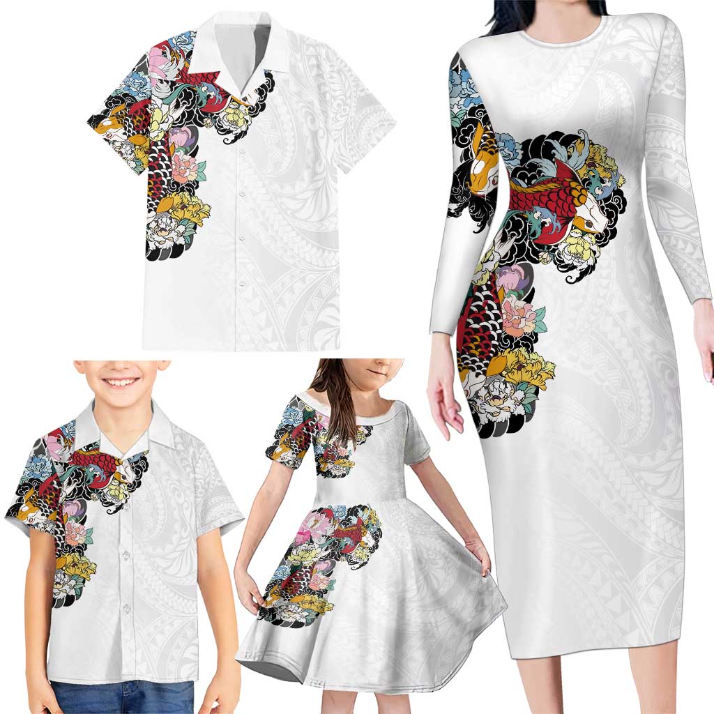 Hawaiian and Japanese Together Family Matching Long Sleeve Bodycon Dress and Hawaiian Shirt Colorful Traditional Japanese Tattoo and Kakau Pattern White Color LT03 - Polynesian Pride