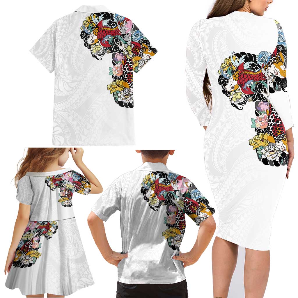 Hawaiian and Japanese Together Family Matching Long Sleeve Bodycon Dress and Hawaiian Shirt Colorful Traditional Japanese Tattoo and Kakau Pattern White Color LT03 - Polynesian Pride