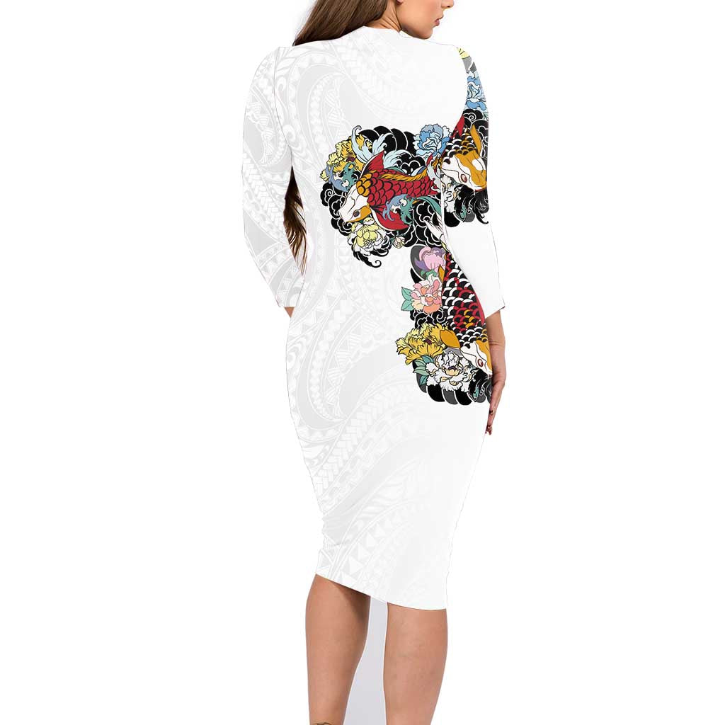 Hawaiian and Japanese Together Family Matching Long Sleeve Bodycon Dress and Hawaiian Shirt Colorful Traditional Japanese Tattoo and Kakau Pattern White Color LT03 - Polynesian Pride