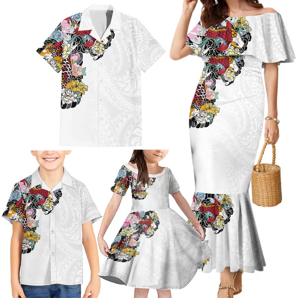 Hawaiian and Japanese Together Family Matching Mermaid Dress and Hawaiian Shirt Colorful Traditional Japanese Tattoo and Kakau Pattern White Color LT03 - Polynesian Pride