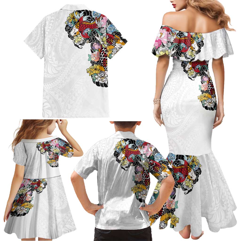 Hawaiian and Japanese Together Family Matching Mermaid Dress and Hawaiian Shirt Colorful Traditional Japanese Tattoo and Kakau Pattern White Color LT03 - Polynesian Pride