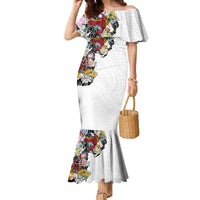 Hawaiian and Japanese Together Family Matching Mermaid Dress and Hawaiian Shirt Colorful Traditional Japanese Tattoo and Kakau Pattern White Color LT03 Mom's Dress White - Polynesian Pride