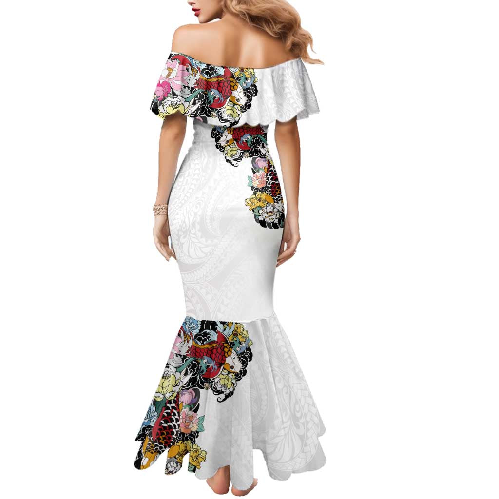 Hawaiian and Japanese Together Family Matching Mermaid Dress and Hawaiian Shirt Colorful Traditional Japanese Tattoo and Kakau Pattern White Color LT03 - Polynesian Pride