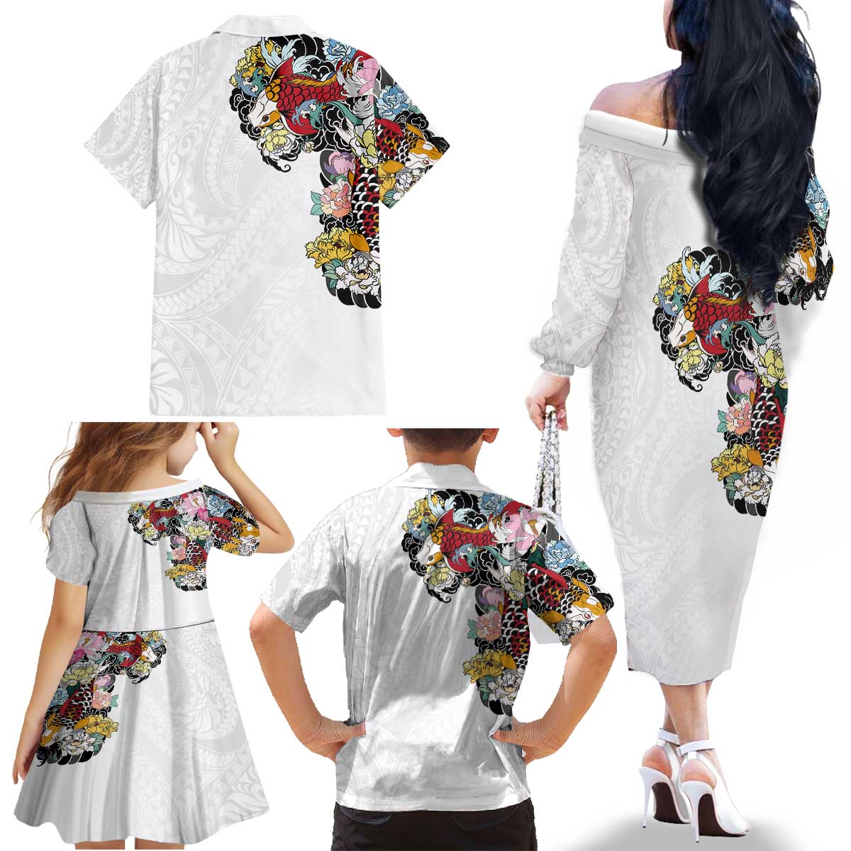 Hawaiian and Japanese Together Family Matching Off The Shoulder Long Sleeve Dress and Hawaiian Shirt Colorful Traditional Japanese Tattoo and Kakau Pattern White Color LT03 - Polynesian Pride