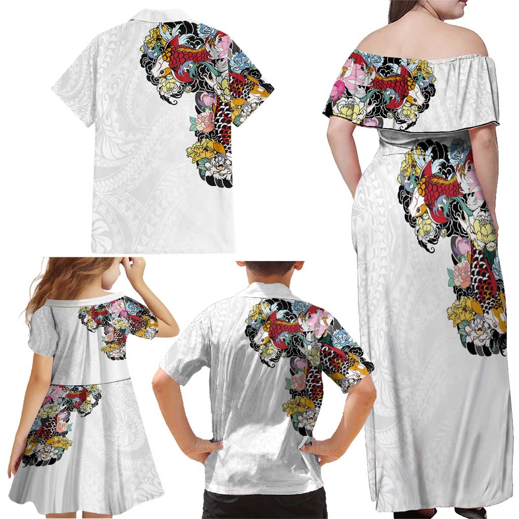Hawaiian and Japanese Together Family Matching Off Shoulder Maxi Dress and Hawaiian Shirt Colorful Traditional Japanese Tattoo and Kakau Pattern White Color LT03 - Polynesian Pride