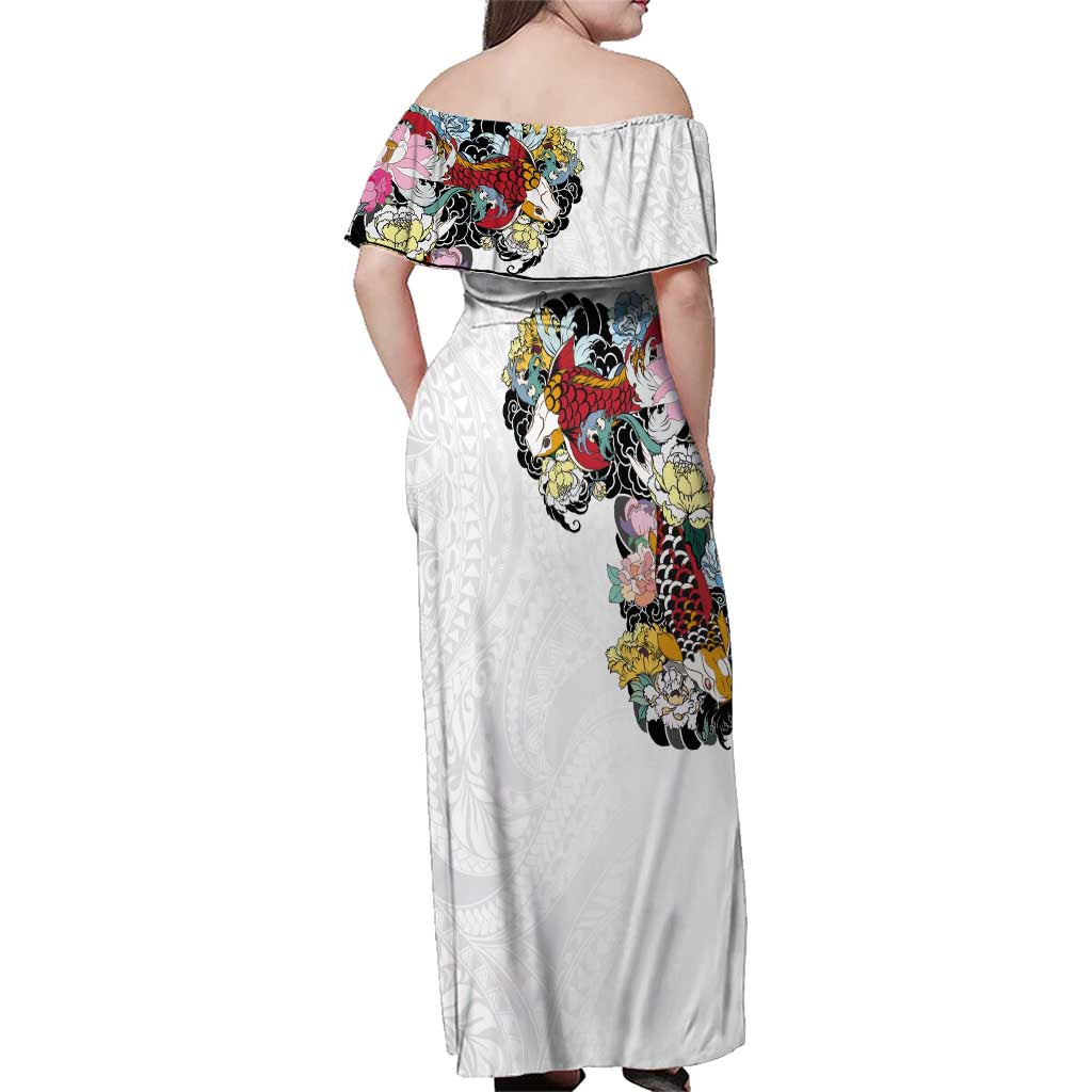 Hawaiian and Japanese Together Family Matching Off Shoulder Maxi Dress and Hawaiian Shirt Colorful Traditional Japanese Tattoo and Kakau Pattern White Color LT03 - Polynesian Pride
