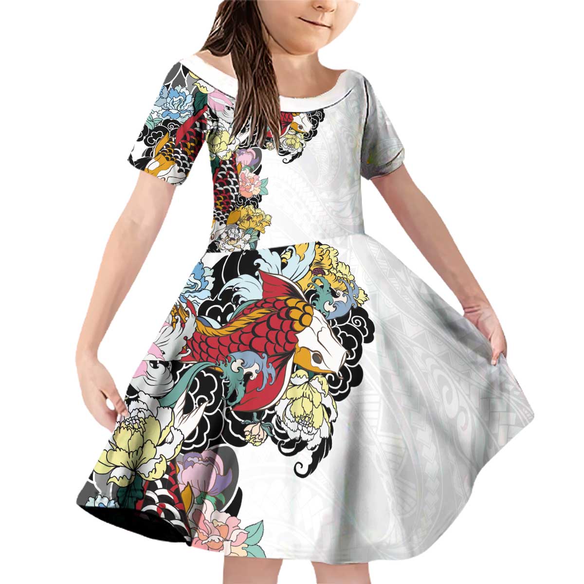 Hawaiian and Japanese Together Family Matching Off Shoulder Short Dress and Hawaiian Shirt Colorful Traditional Japanese Tattoo and Kakau Pattern White Color LT03 Daughter's Dress White - Polynesian Pride