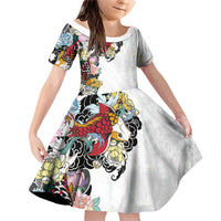 Hawaiian and Japanese Together Family Matching Off Shoulder Short Dress and Hawaiian Shirt Colorful Traditional Japanese Tattoo and Kakau Pattern White Color LT03 Daughter's Dress White - Polynesian Pride