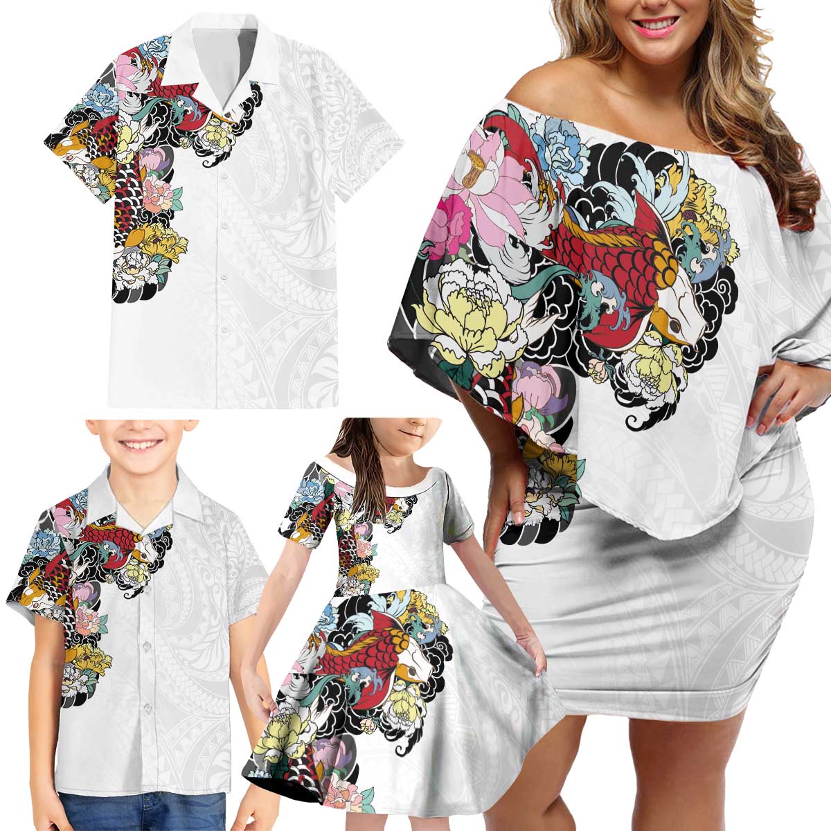 Hawaiian and Japanese Together Family Matching Off Shoulder Short Dress and Hawaiian Shirt Colorful Traditional Japanese Tattoo and Kakau Pattern White Color LT03 - Polynesian Pride