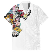 Hawaiian and Japanese Together Family Matching Off Shoulder Short Dress and Hawaiian Shirt Colorful Traditional Japanese Tattoo and Kakau Pattern White Color LT03 Dad's Shirt - Short Sleeve White - Polynesian Pride