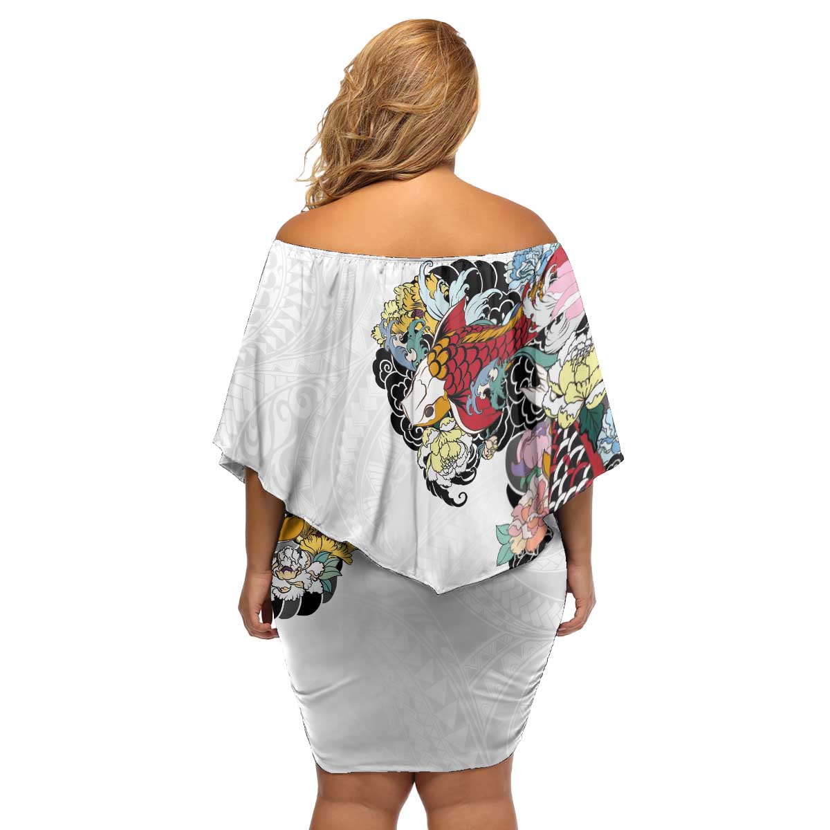 Hawaiian and Japanese Together Family Matching Off Shoulder Short Dress and Hawaiian Shirt Colorful Traditional Japanese Tattoo and Kakau Pattern White Color LT03 - Polynesian Pride
